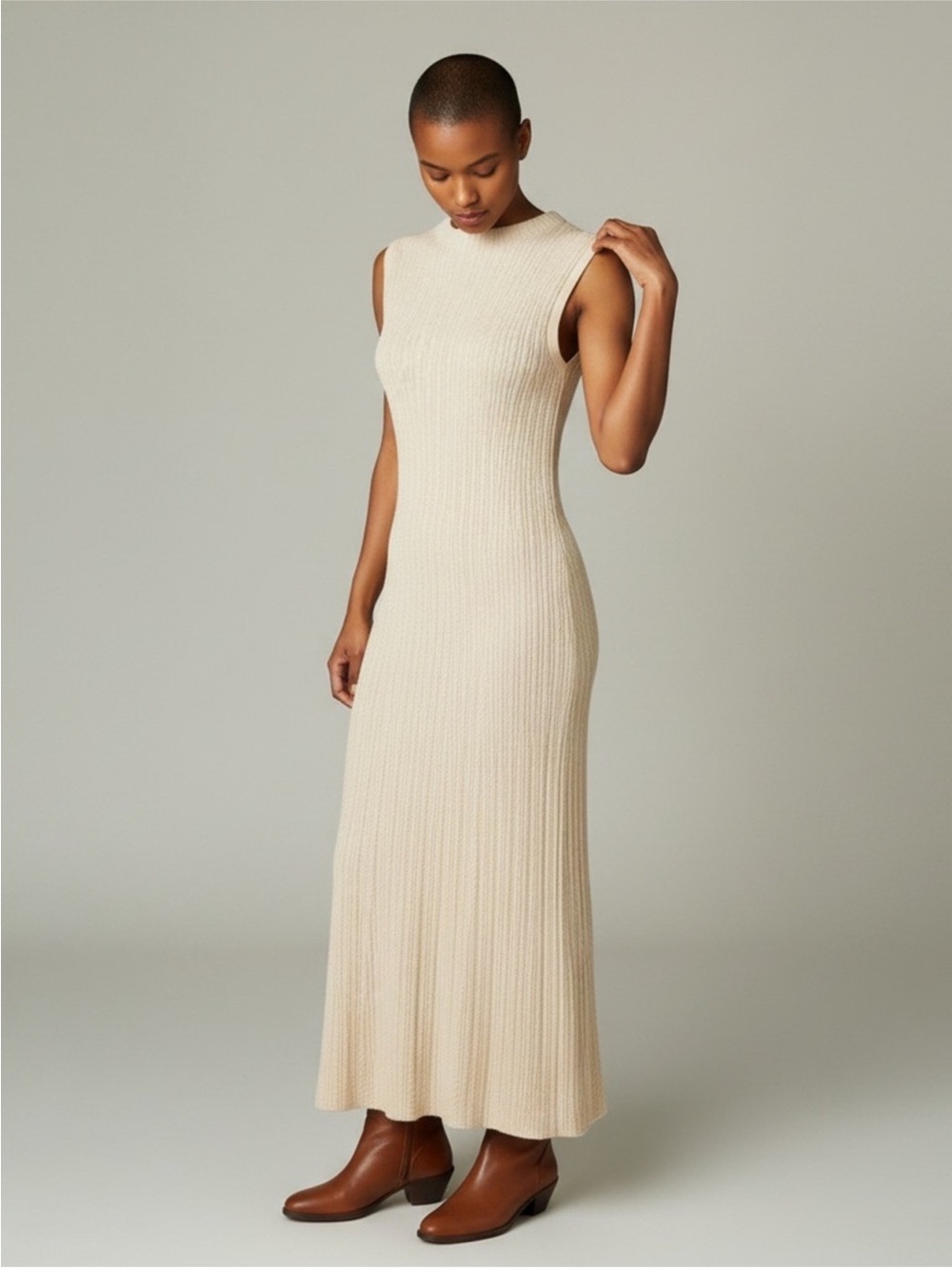 Theory Cable Ribbed Cream Sleeveless Midi Dress